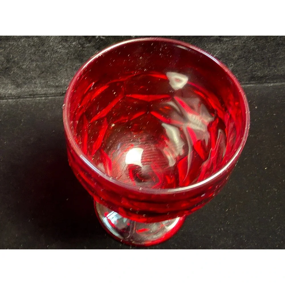Vintage Ruby Red Glass Goblet‎ Thumbprint Pattern Stemware Wine Water Glass